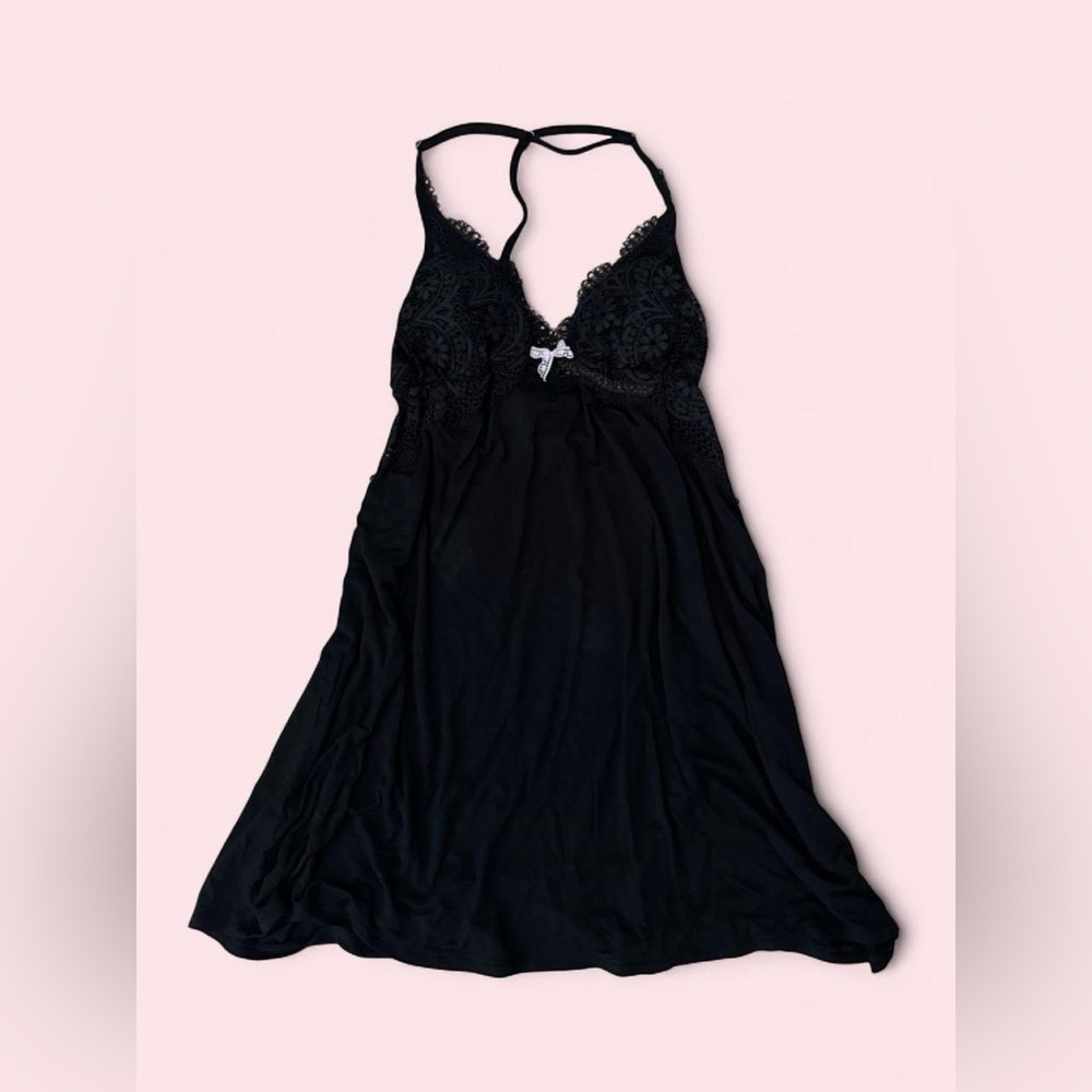 Victoria's Secret Black Lace-Trim Slip Dress with Bow Accent